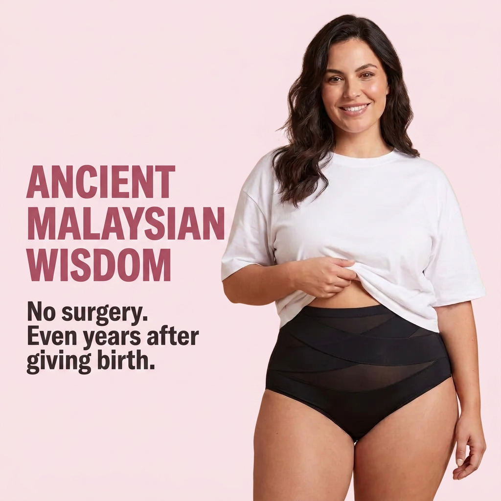 Woman wearing the Cozylea postpartum compression panty, ancient Malaysian wisdom