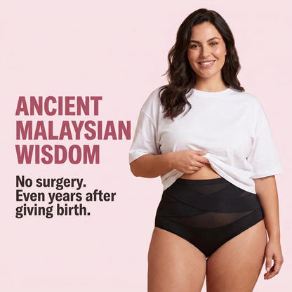 Woman wearing the Cozylea postpartum compression panty, ancient Malaysian wisdom
