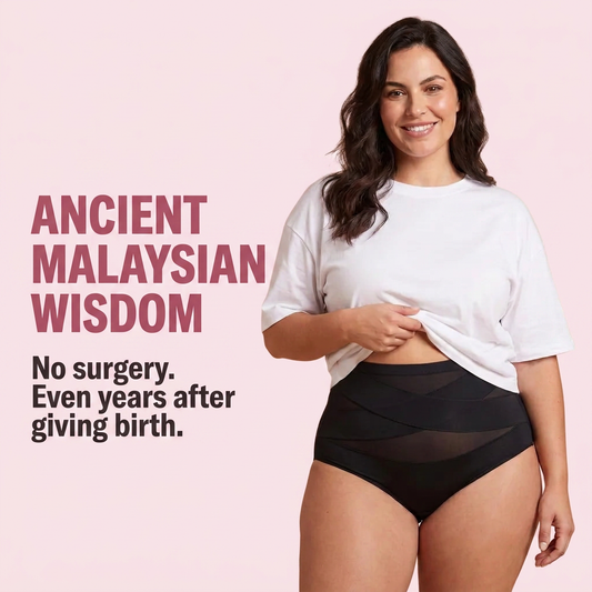 Woman wearing the Cozylea postpartum compression panty, ancient Malaysian wisdom