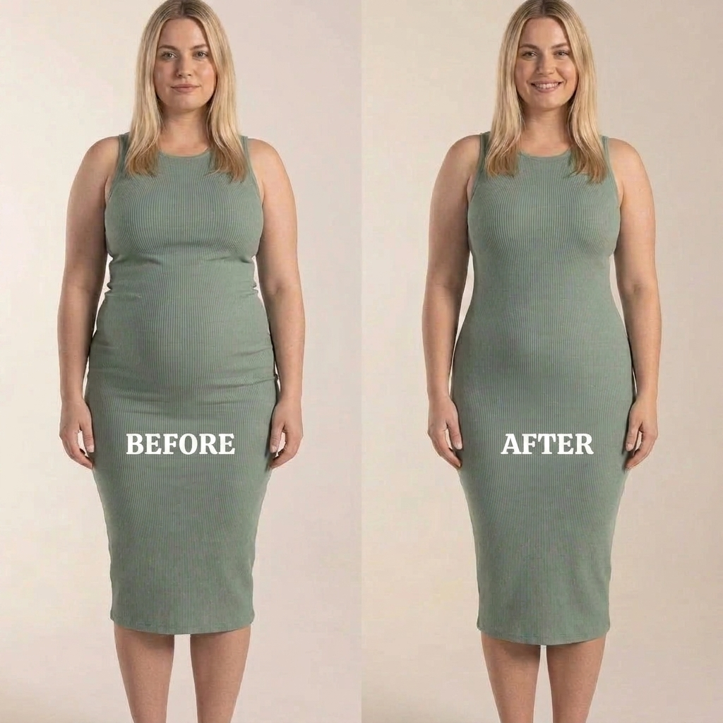 Before and after wearing the Cozylea panty, green dress