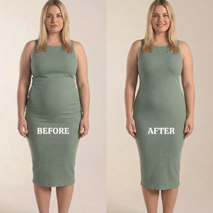 Before and after wearing the Cozylea panty, green dress