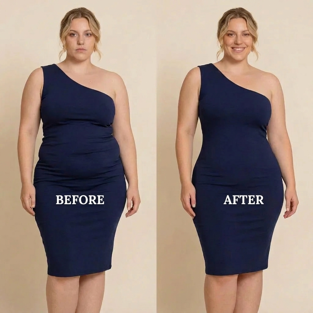 Before and after wearing the Cozylea panty, navy dress