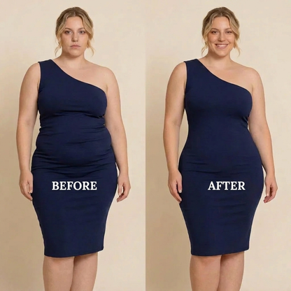 Before and after wearing the Cozylea panty, navy dress