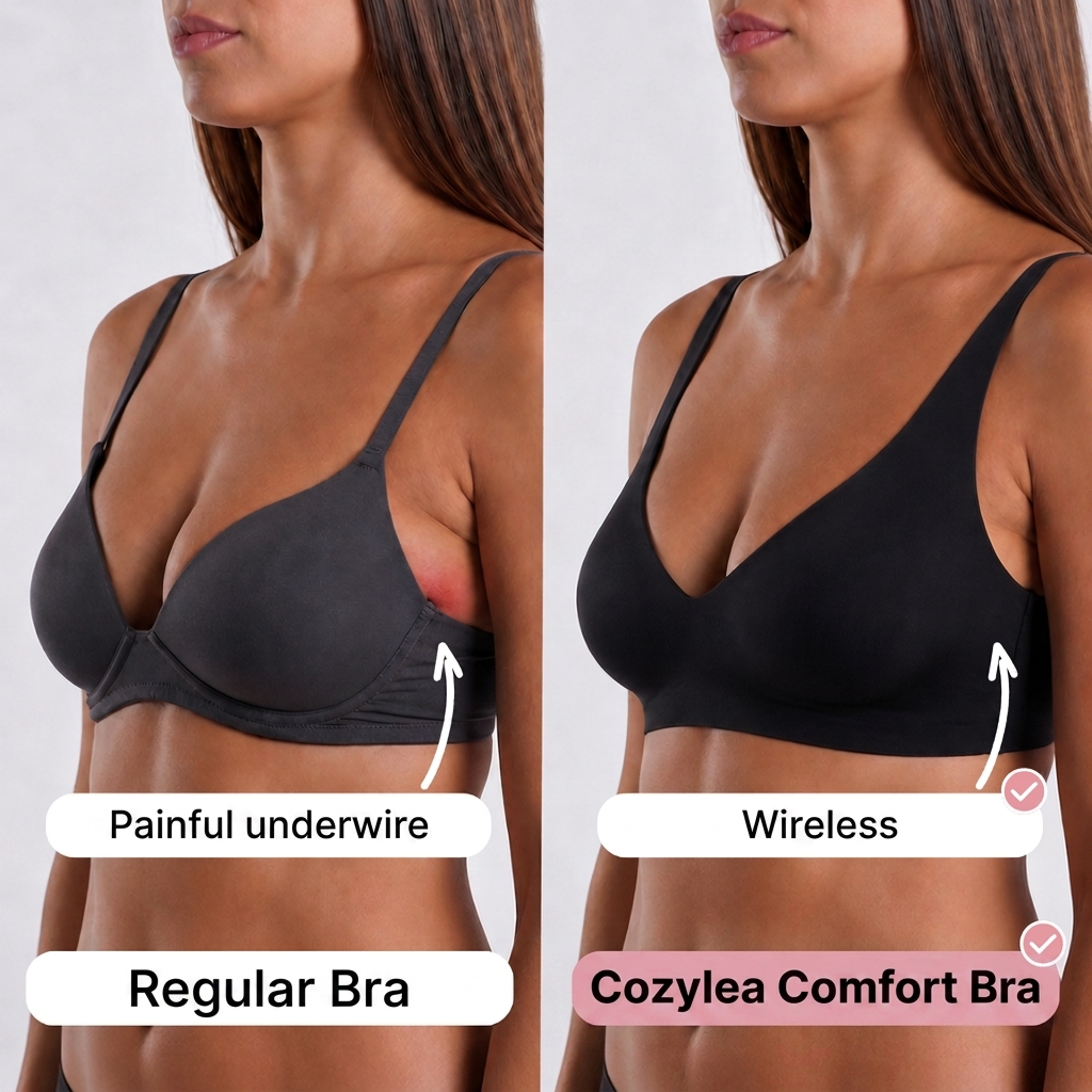 Painful underwire in a regular bra compared to the wireless Cozylea Comfort Bra