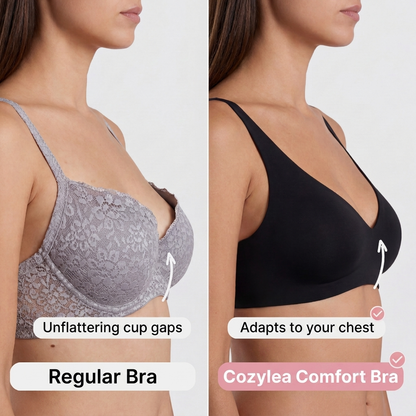 Unflattering cup gaps in a regular bra compared to the Cozylea Comfort Bra that adapts to your chest