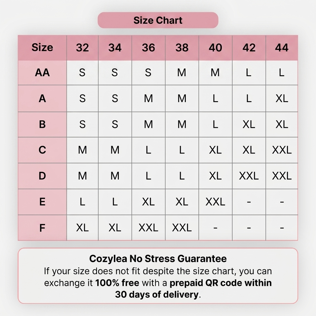 Cozylea Comfort Bra size chart with the No Stress Guarantee