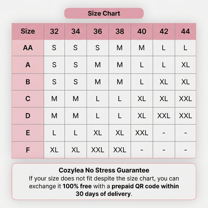 Cozylea Comfort Bra size chart with the No Stress Guarantee