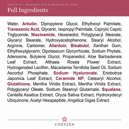 Full ingredient list of the Cozylea Arbutin 7% and Tranexamic Acid 4% Brightening Cream